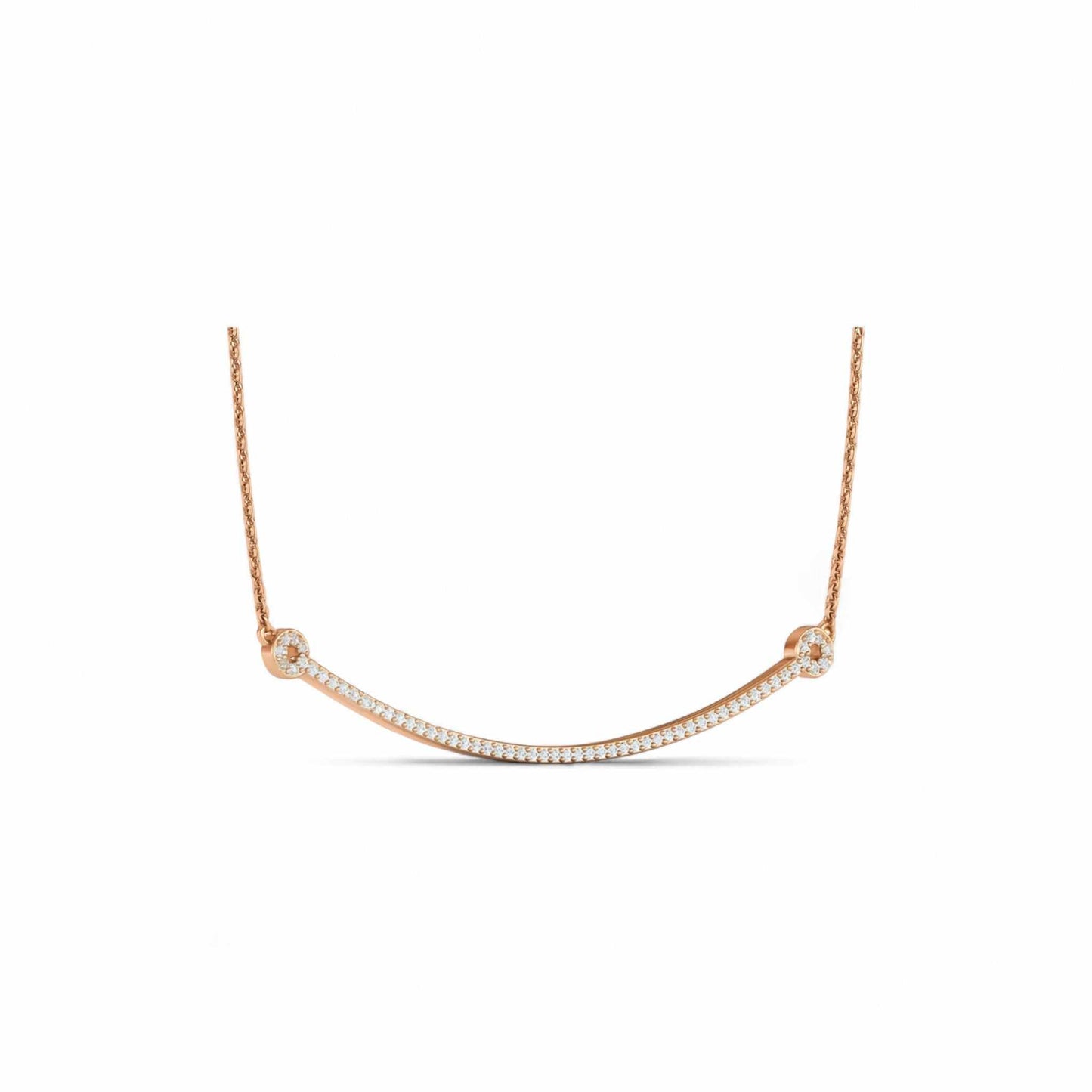 Rose gold necklace with small diamonds on a white background