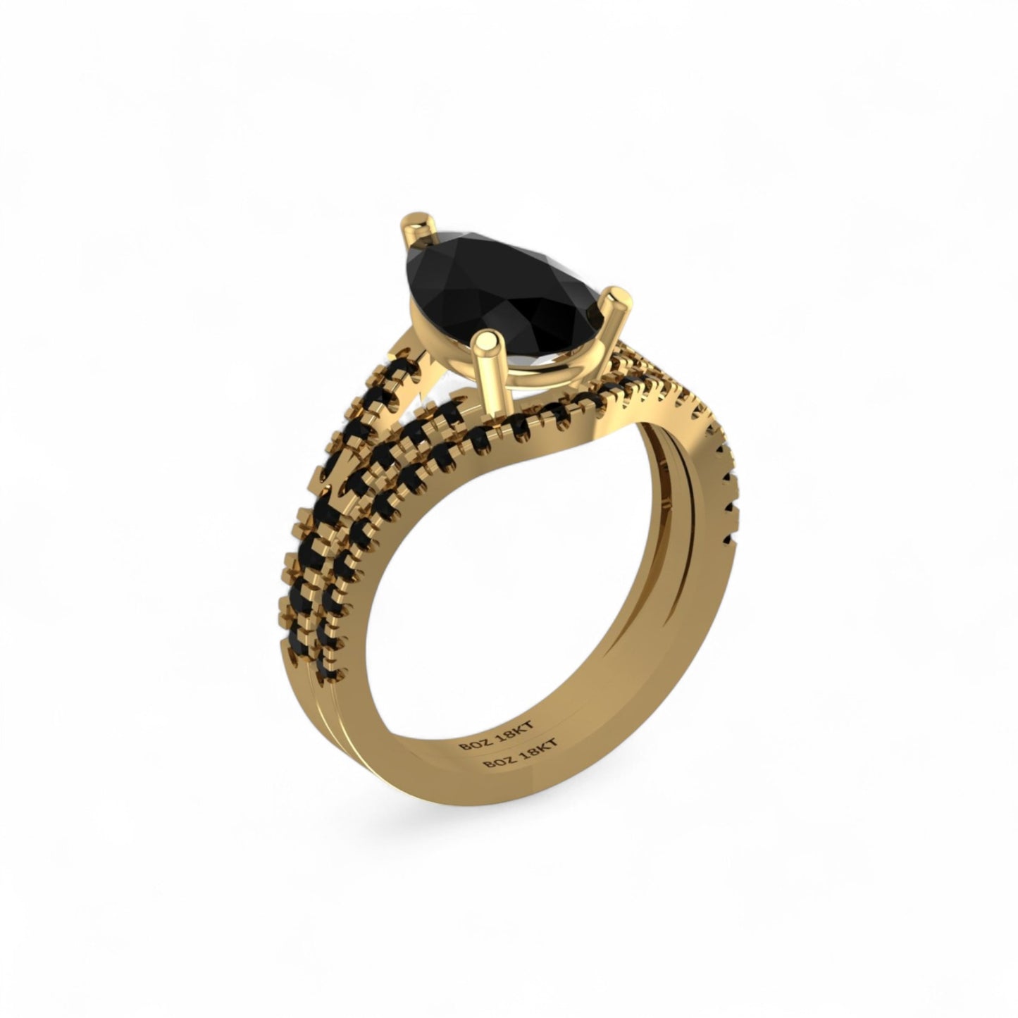 Split Shank Pear Cut Black Natural Diamond Bride Set in 18K Gold