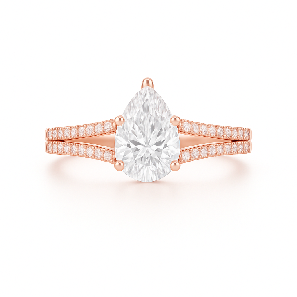 Rose gold ring with a pear-shaped diamond and smaller diamonds on a white background