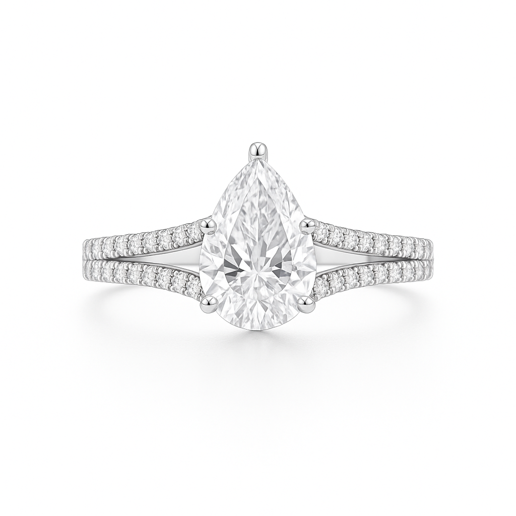 Diamond ring with pear-shaped center stone on a white background
