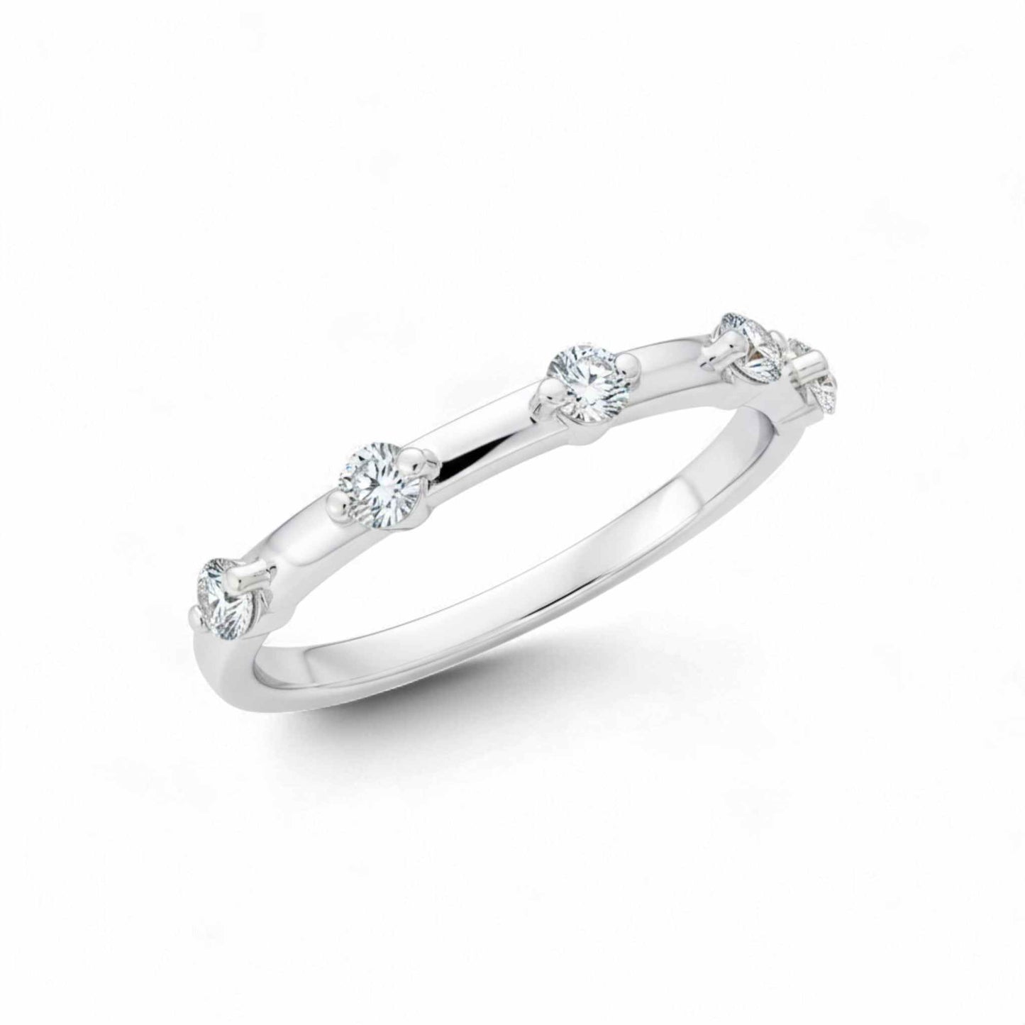 Silver ring with small diamonds on a white background