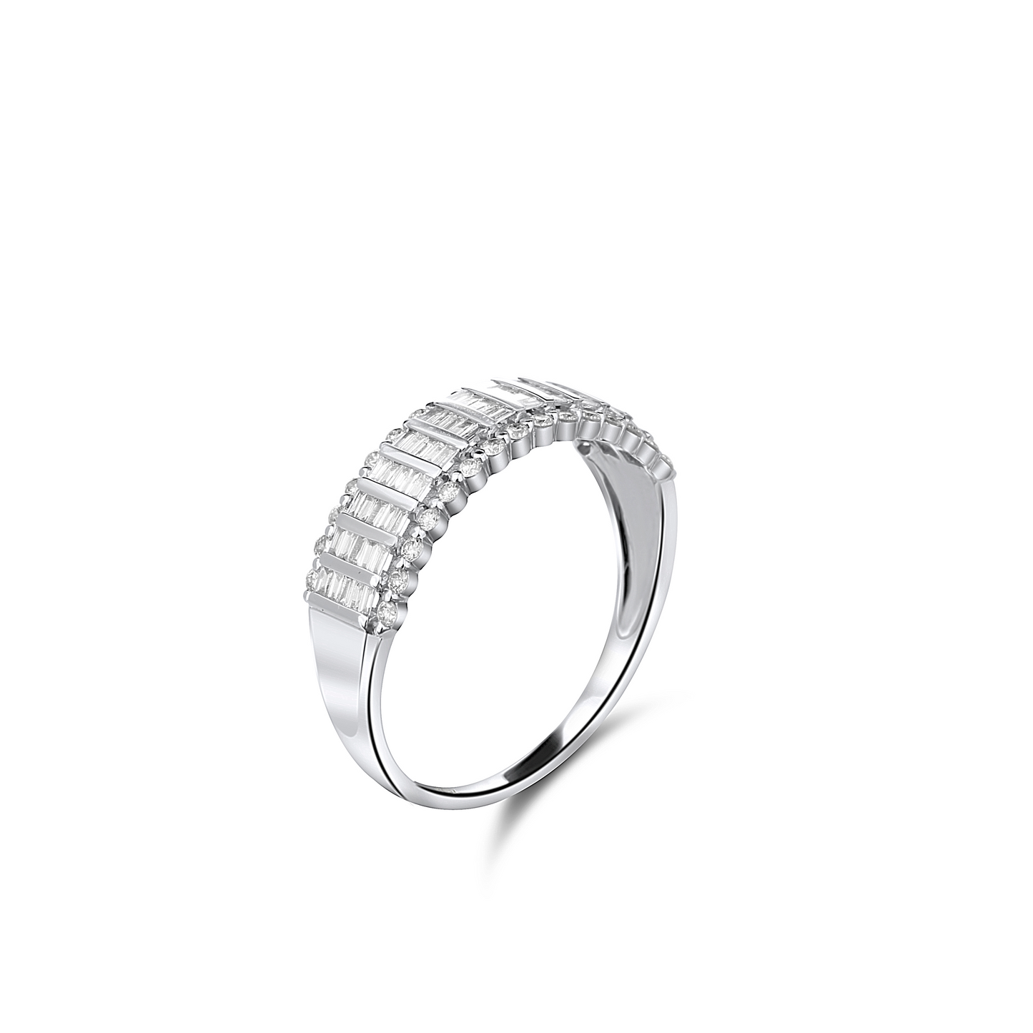 Silver ring with diamond accents on a white background