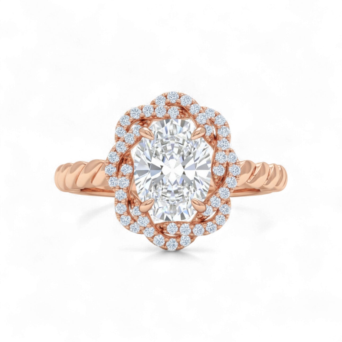 Rose gold ring with a large diamond and smaller diamonds on the band against a white background