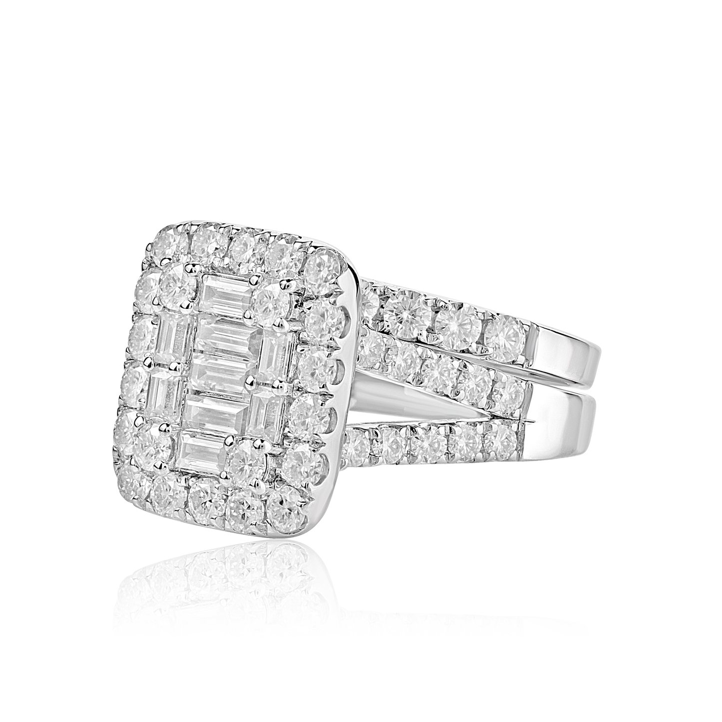 Diamond ring with a square halo and emerald-cut stones on a white background