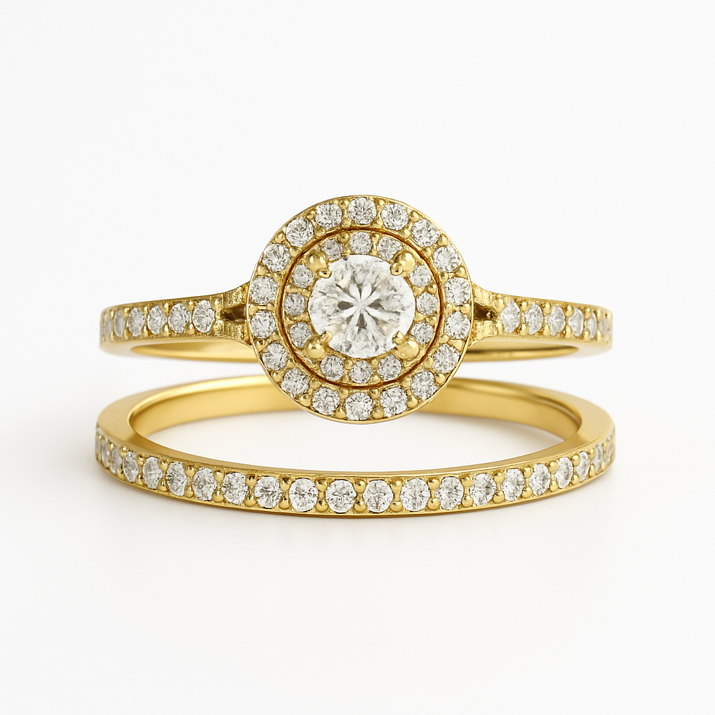 Gold ring with diamond accents on a white background