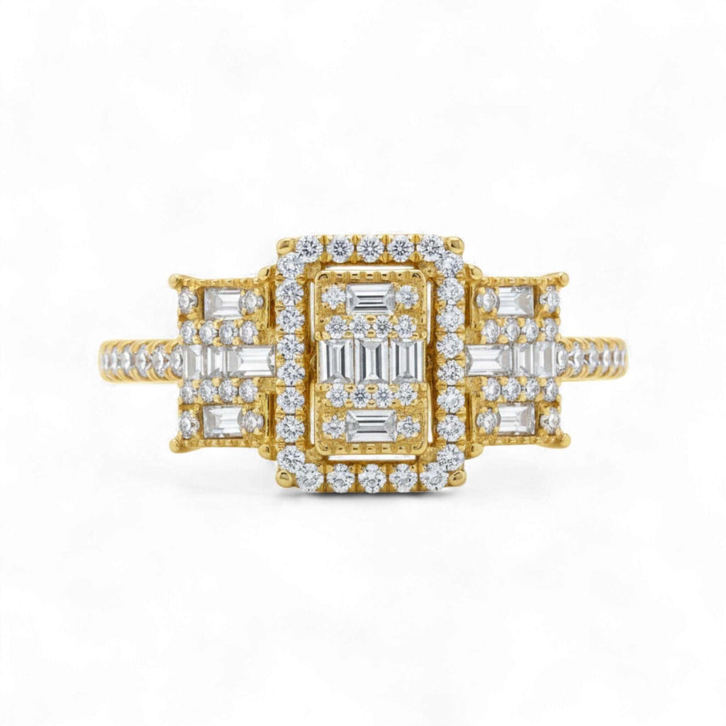 18k gold Trinity Ellen natural diamond engagement ring with rectangular halo and baguette diamonds