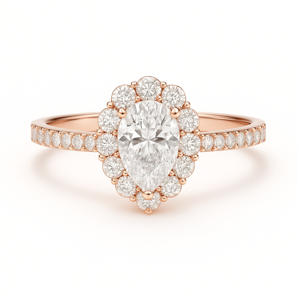 Rose gold ring with a pear-shaped diamond and smaller diamonds on a white background