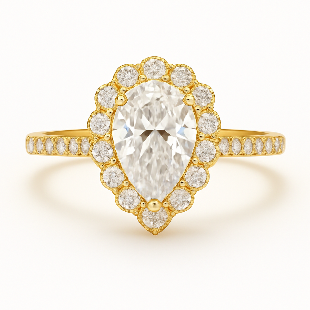 Gold ring with a large central diamond and smaller diamonds around on a white background