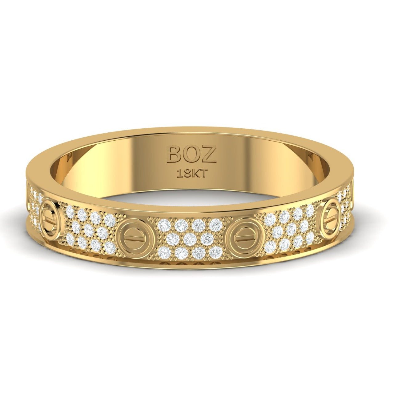 A 18 karat gold band with natural diamonds set around its circumference.