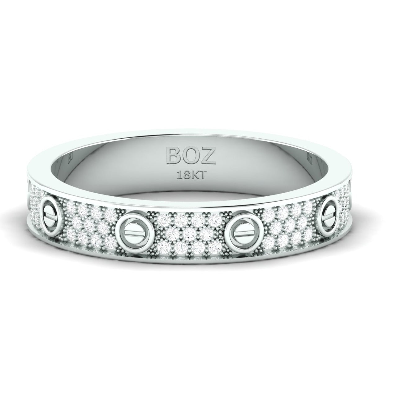 A 18 karat gold band ring with natural diamonds set around its circumference, featuring a floral pattern.