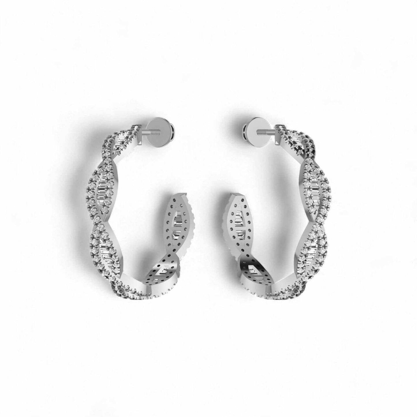 Marise Moissanite Hoop Earrings in twisted 925 sterling silver with sparkling round and baguette-cut moissanites