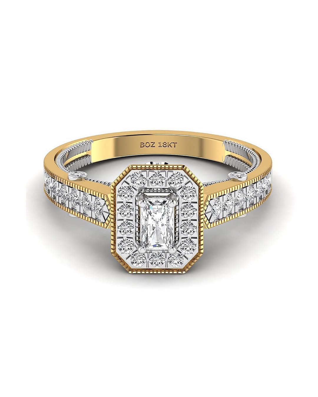 A radiant cut natural diamond engagement ring with a gold band, featuring a total of 0.84 carats of diamonds.