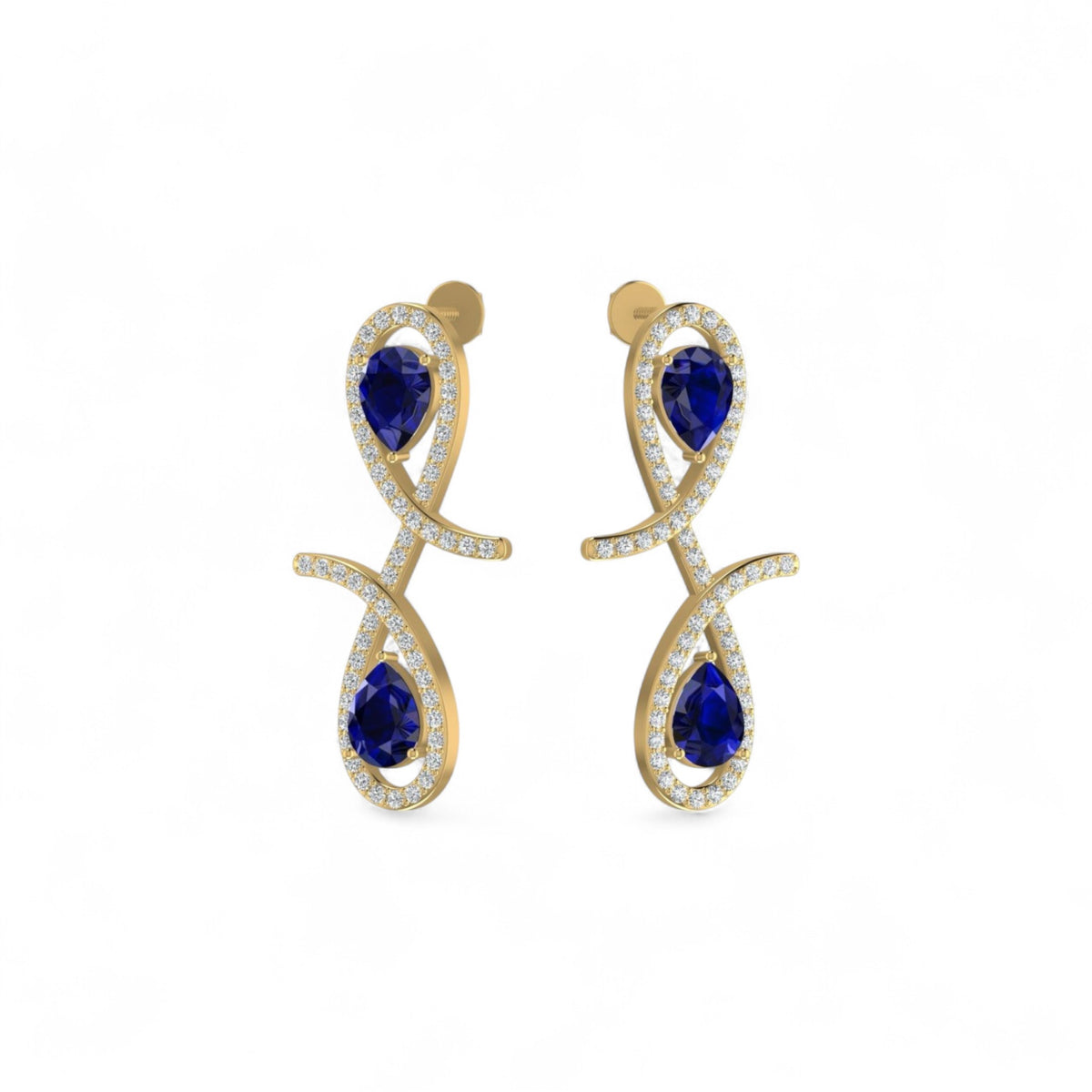 Gold earrings with blue gemstones on a white background