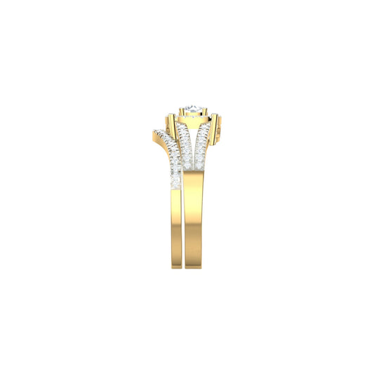 Gold ring with diamond accents on a white background