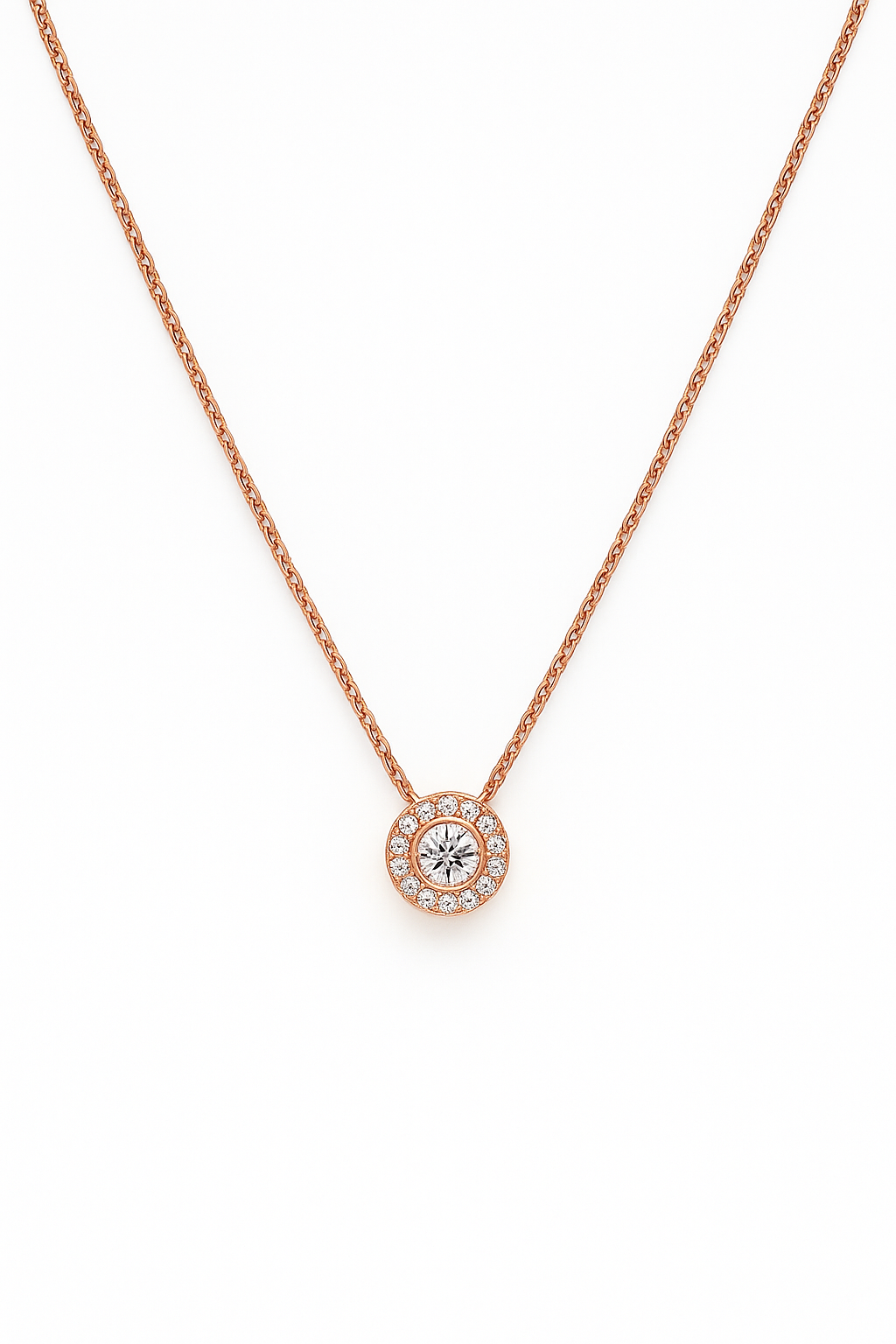 Rose gold necklace with a diamond pendant on a white background