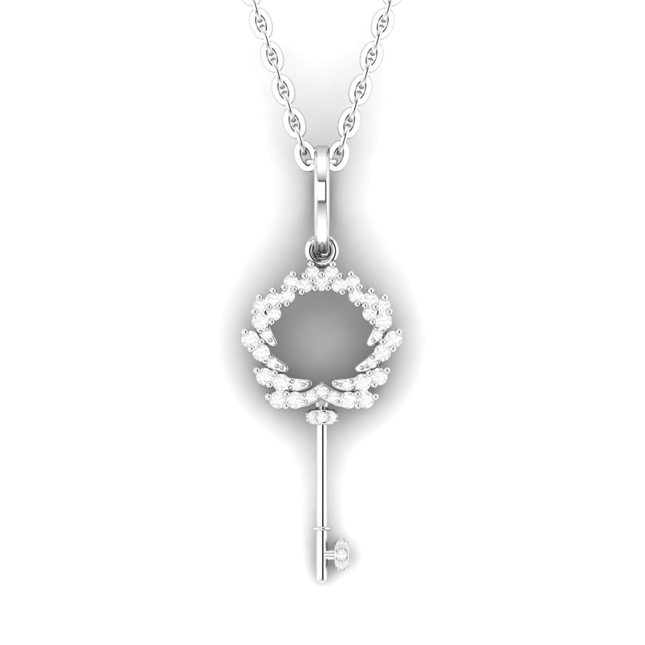 Silver key-shaped pendant with a circular clear gem on a white background