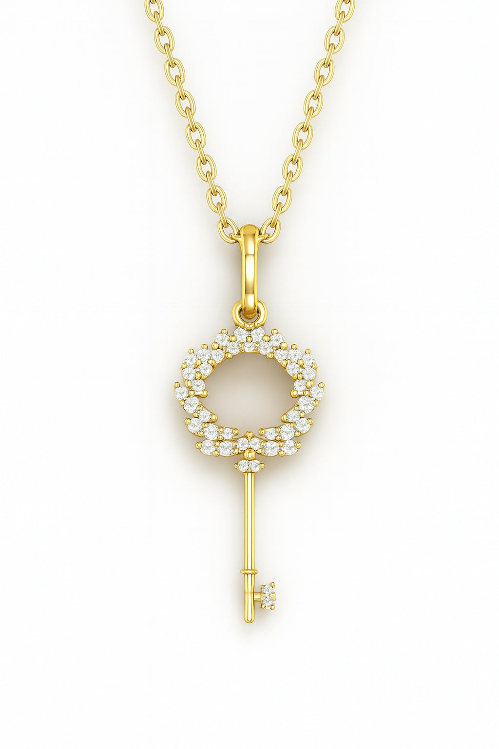 Gold key-shaped pendant necklace on a white background