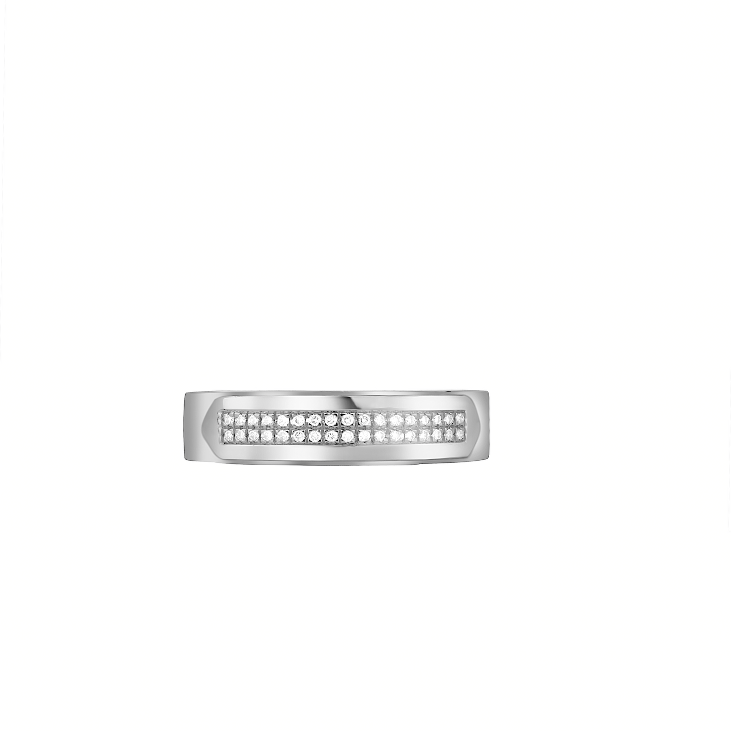 Silver ring with small diamonds on a white background