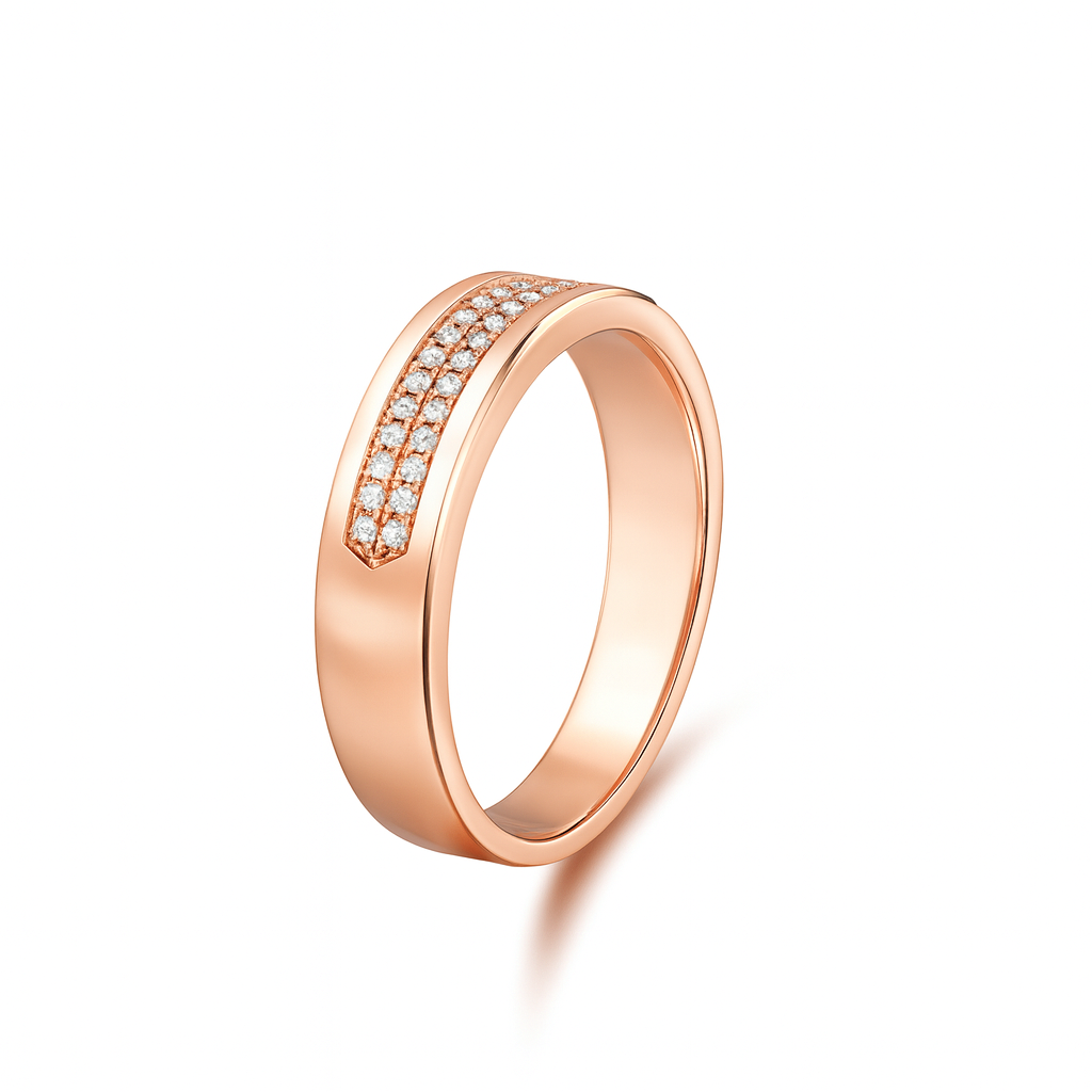 Rose gold ring with embedded diamonds on a white background