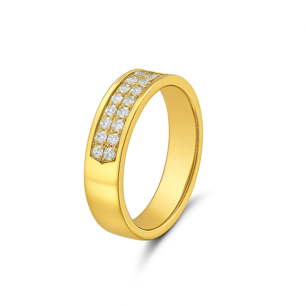 Gold ring with diamond accents on a white background