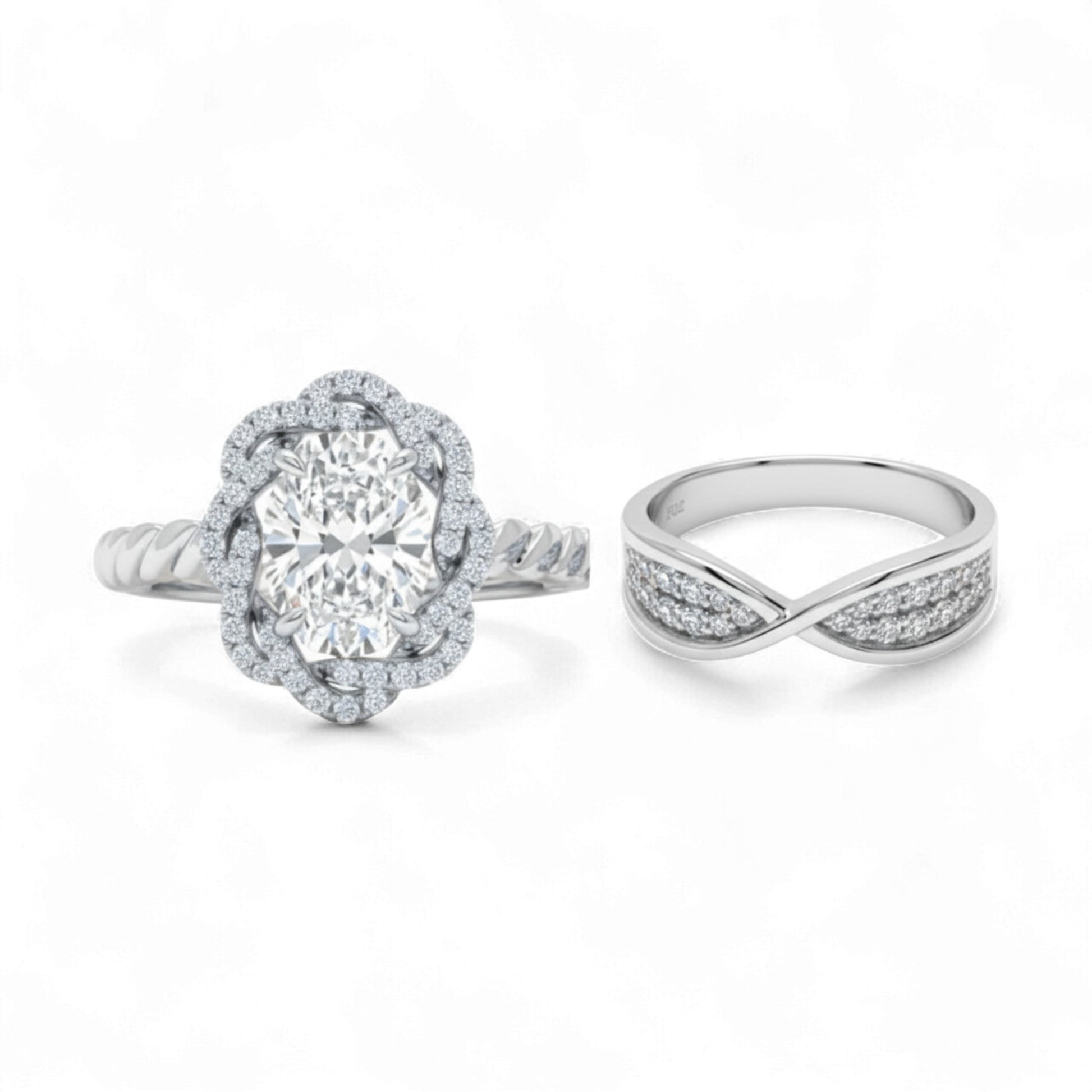 Two diamond rings on a white background