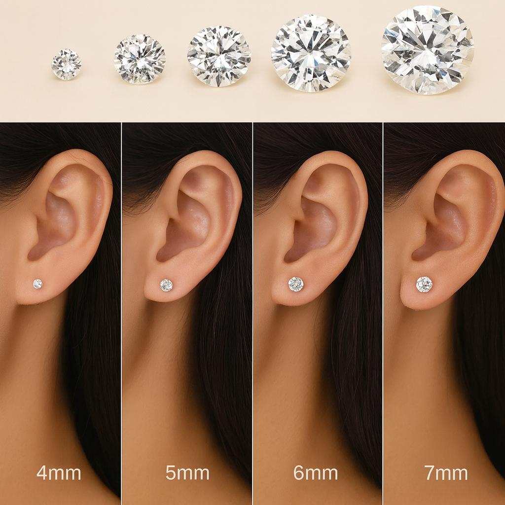 Diamond earrings displayed on a person's ear with size labels.