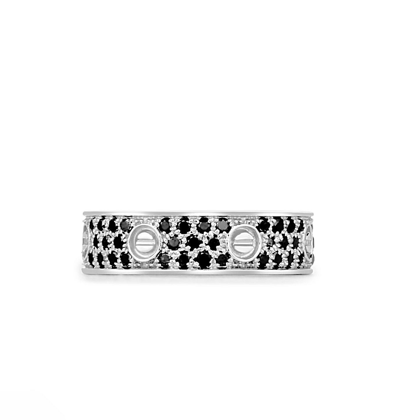 Silver ring with black gemstones on a white background