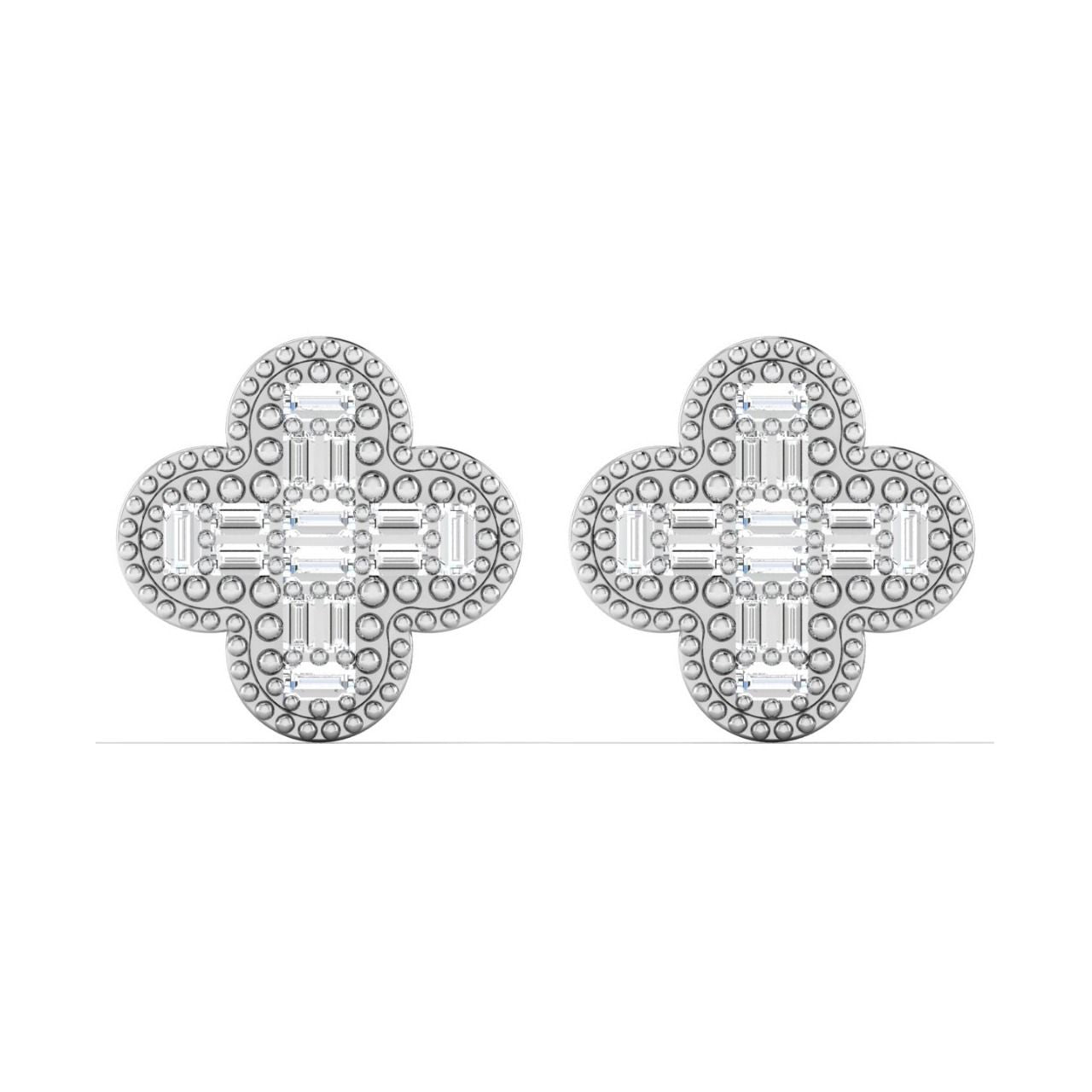 Pair of silver earrings with geometric design on a white background