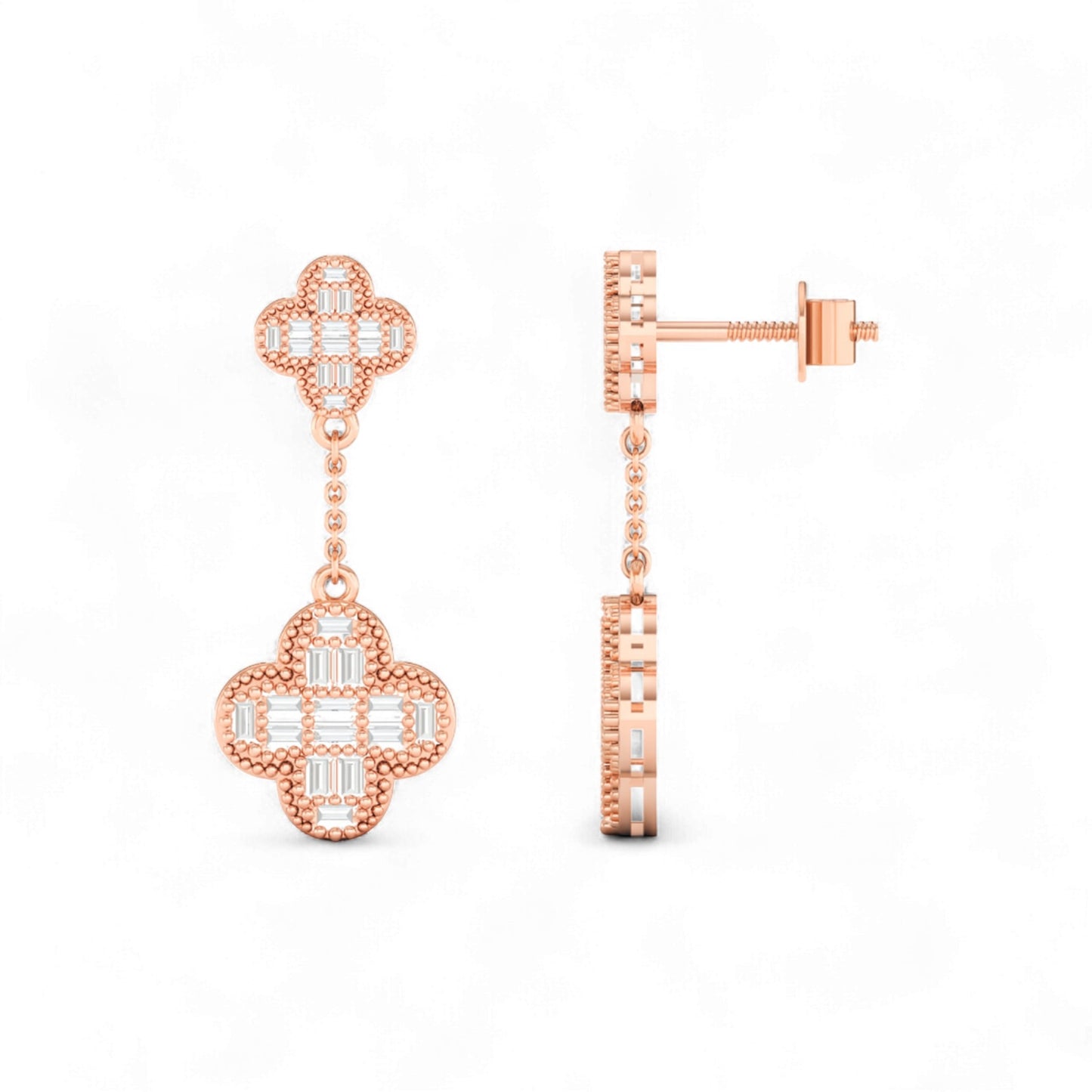 Baguette Clover Drop Diamond  Earrings 18K Gold