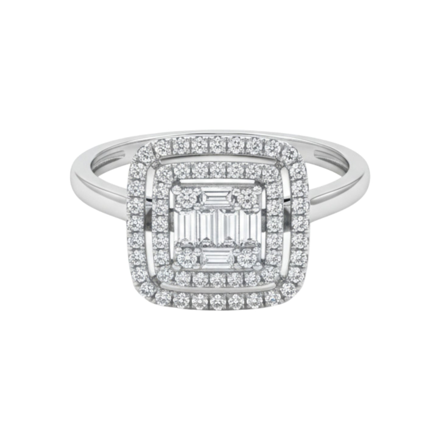 Silver ring with diamond accents on a white background