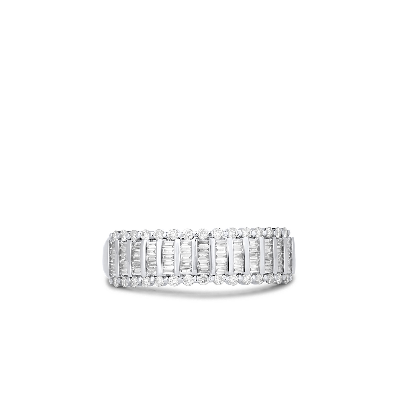 Diamond ring with baguette and round cut stones on a white background