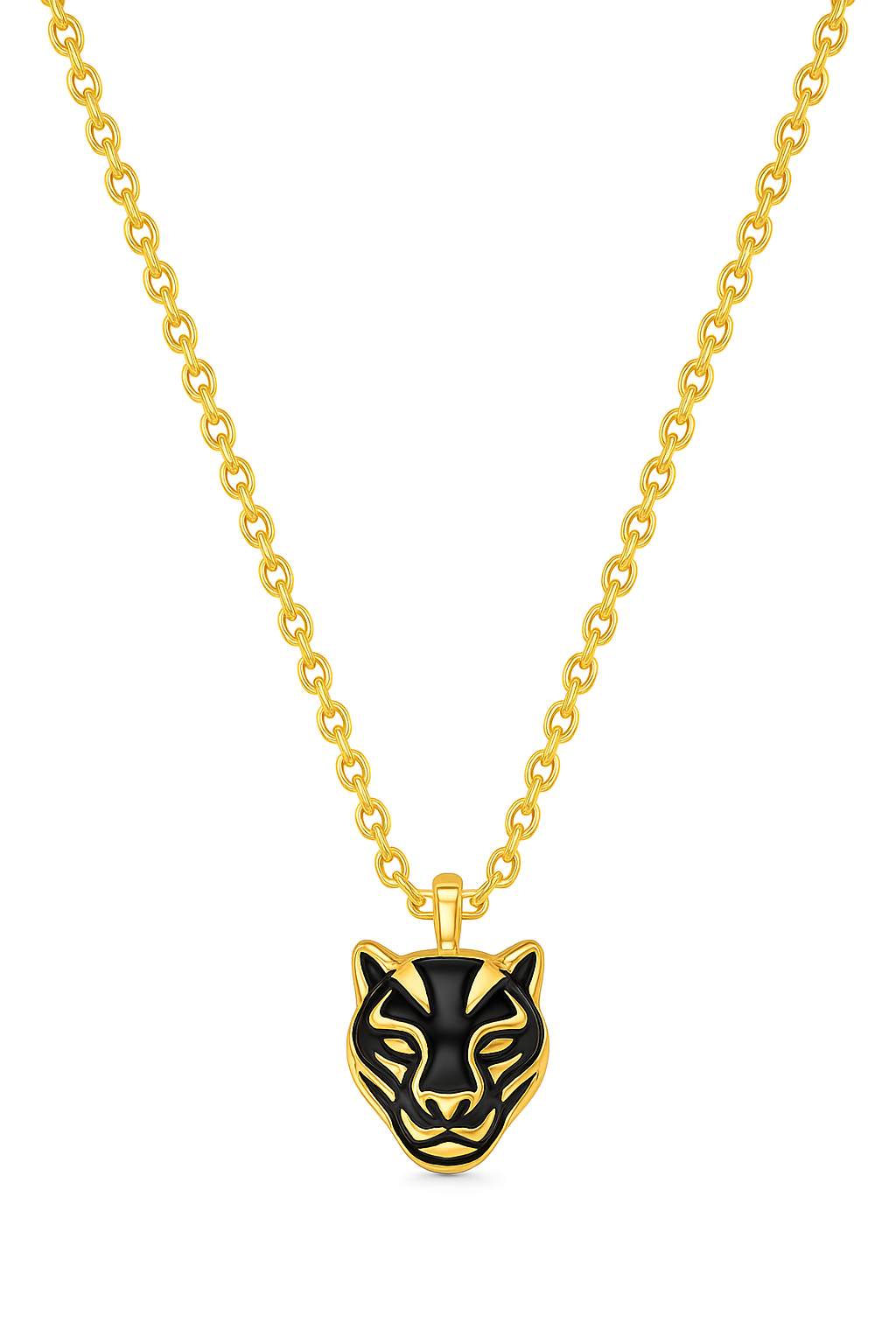 Gold necklace with a black panther pendant on a white background