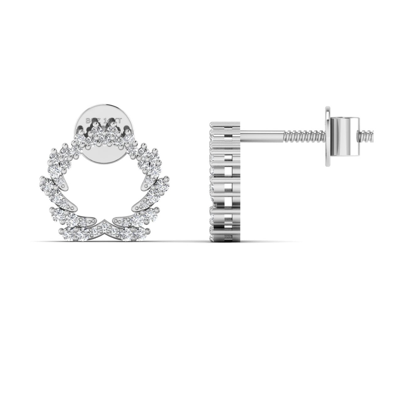 A pair of 18 karat gold diamond stud earrings with a motif design featuring multiple small diamonds set in a circular pattern around a central larger diamond.