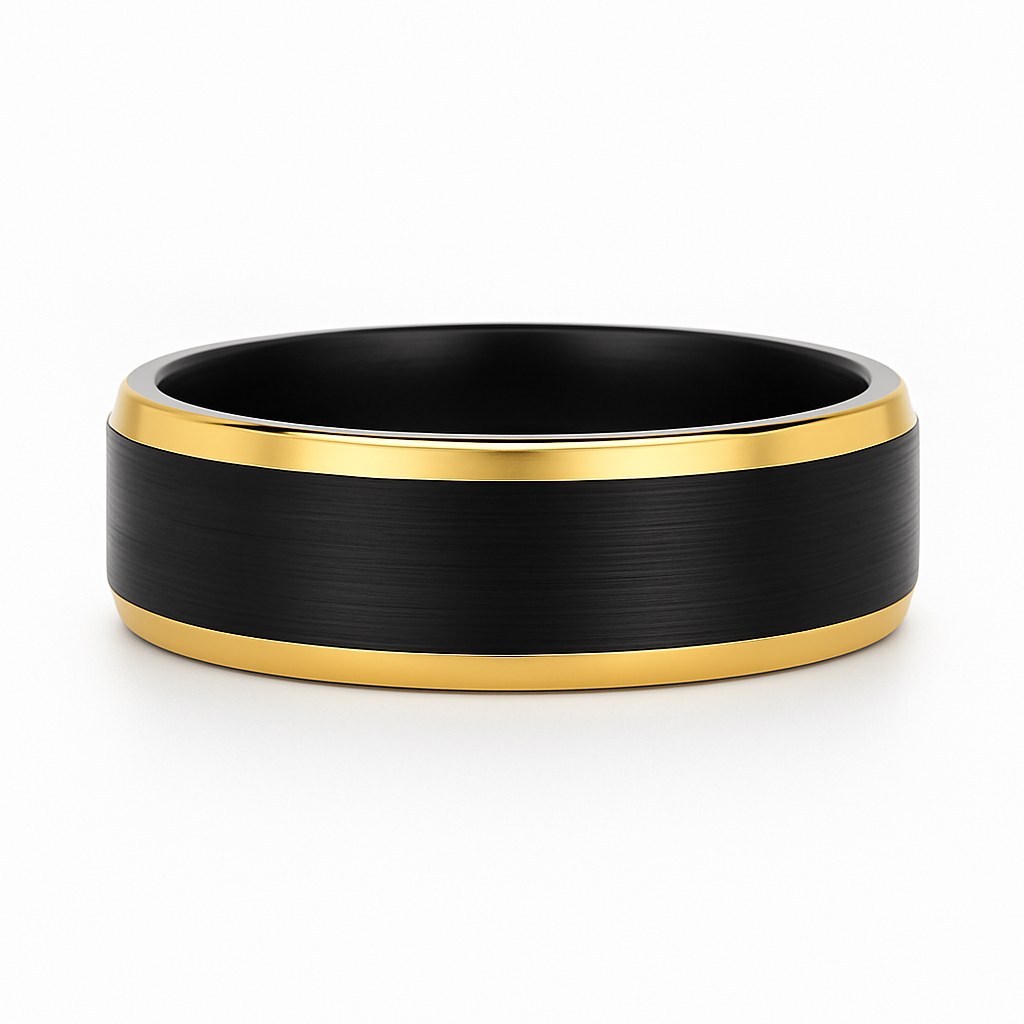 Black ring with gold band on a white background