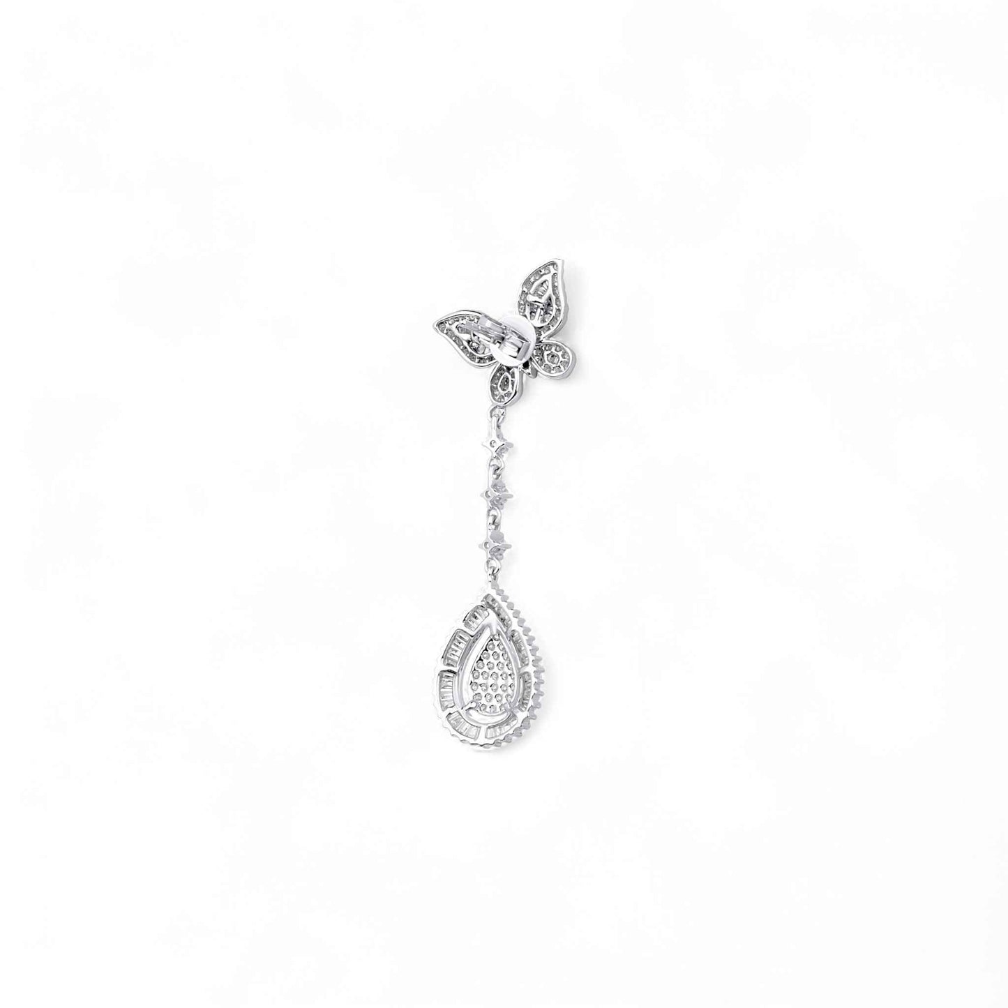 Silver teardrop earring on a white background