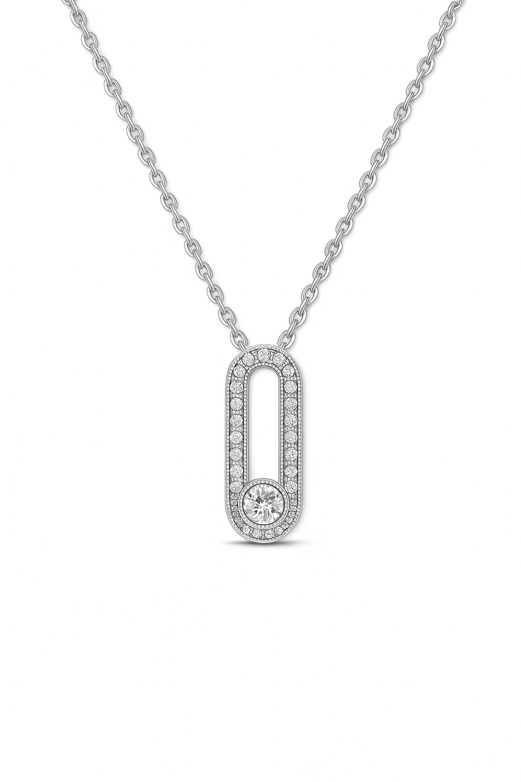 Silver necklace with a pendant on a white background