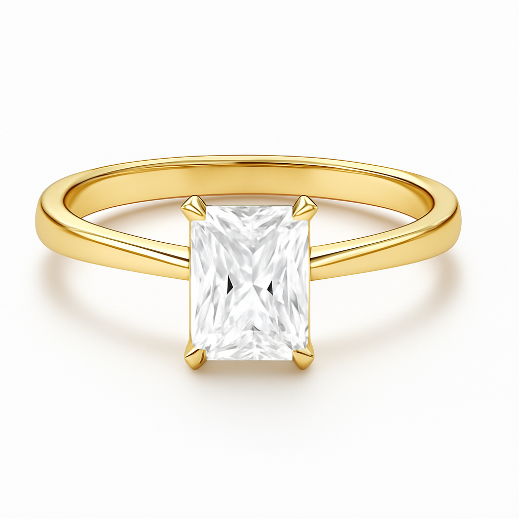 Gold ring with a square-cut diamond on a white background