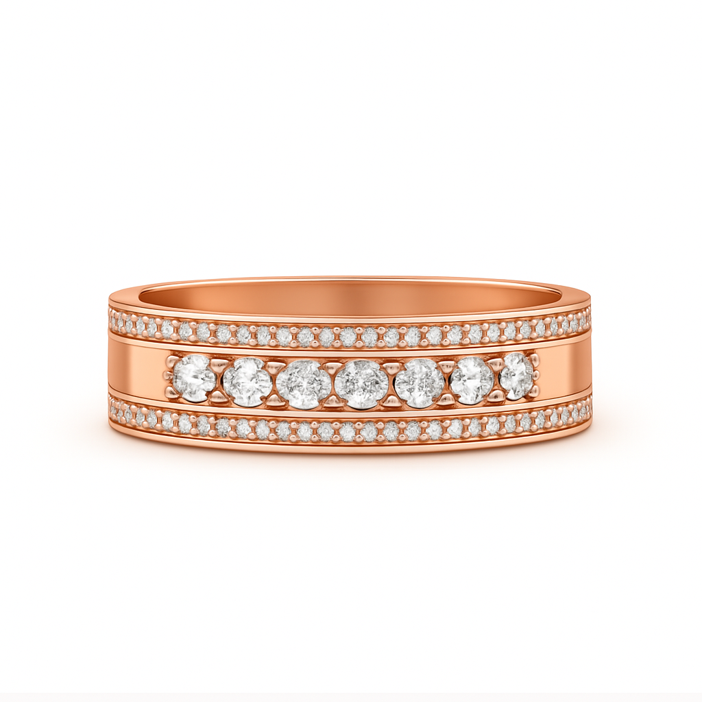 Rose gold ring with embedded diamonds on a white background