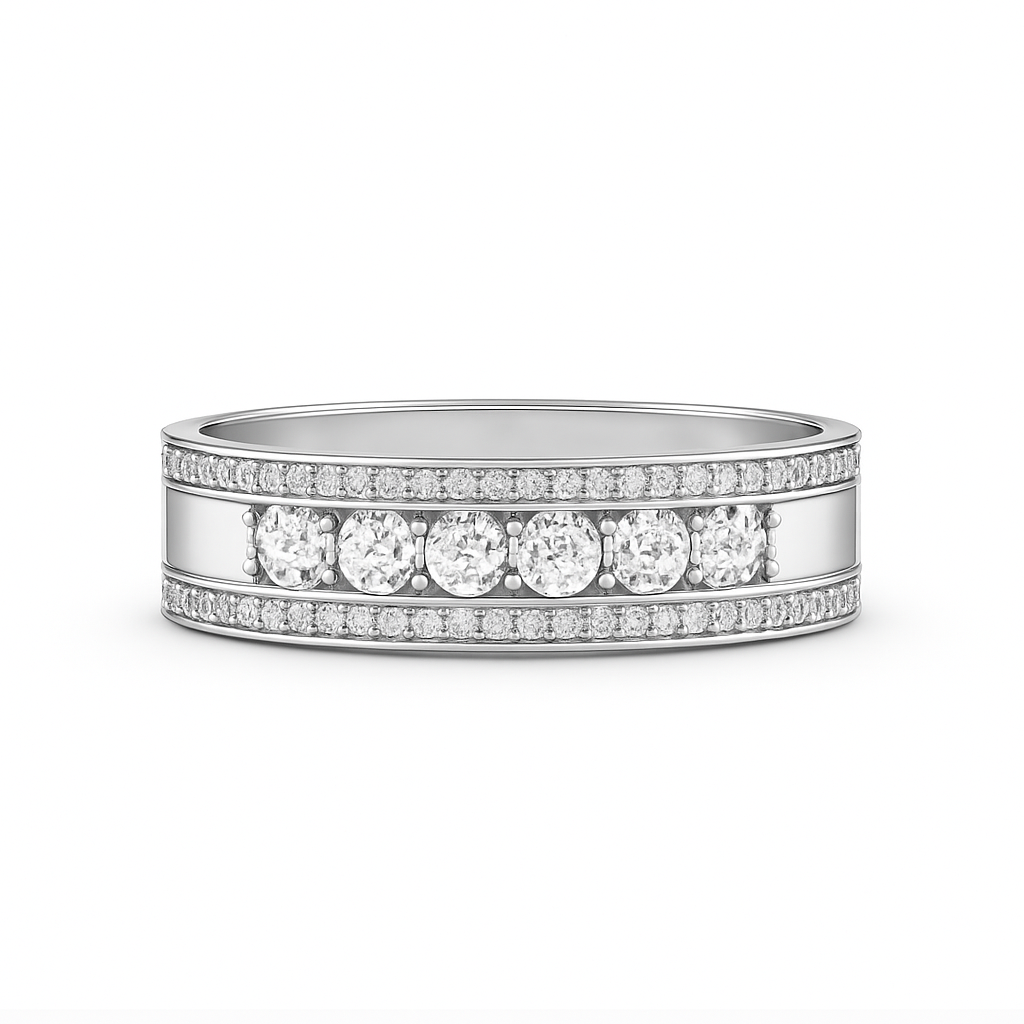 Silver ring with embedded diamonds on a white background