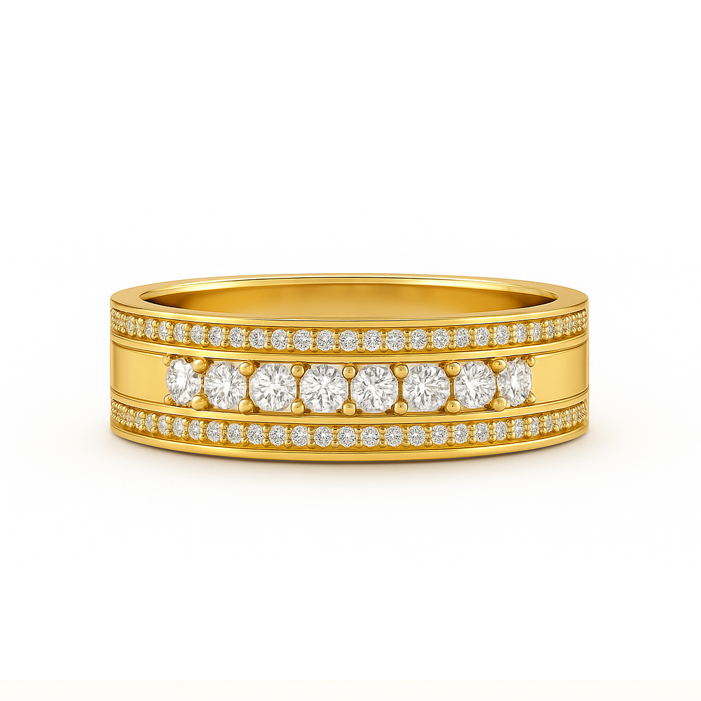 Gold ring with diamonds on a white background