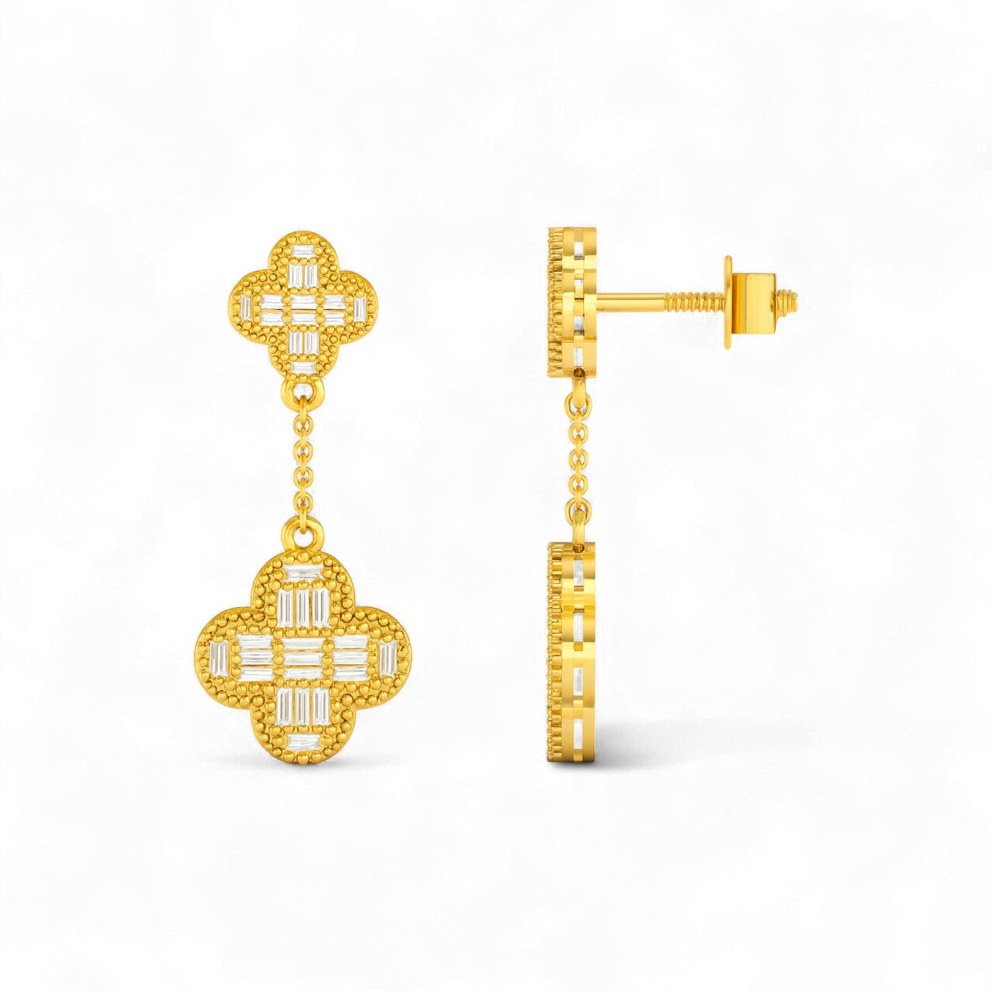 Baguette Clover Drop Diamond  Earrings 18K Gold