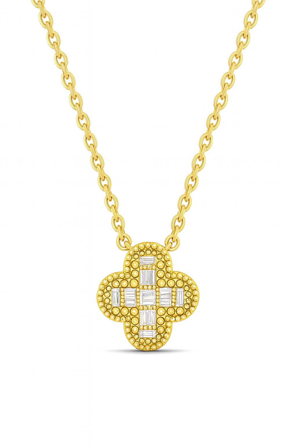 Baguette Clover Natural Diamond Necklace in 18K Gold