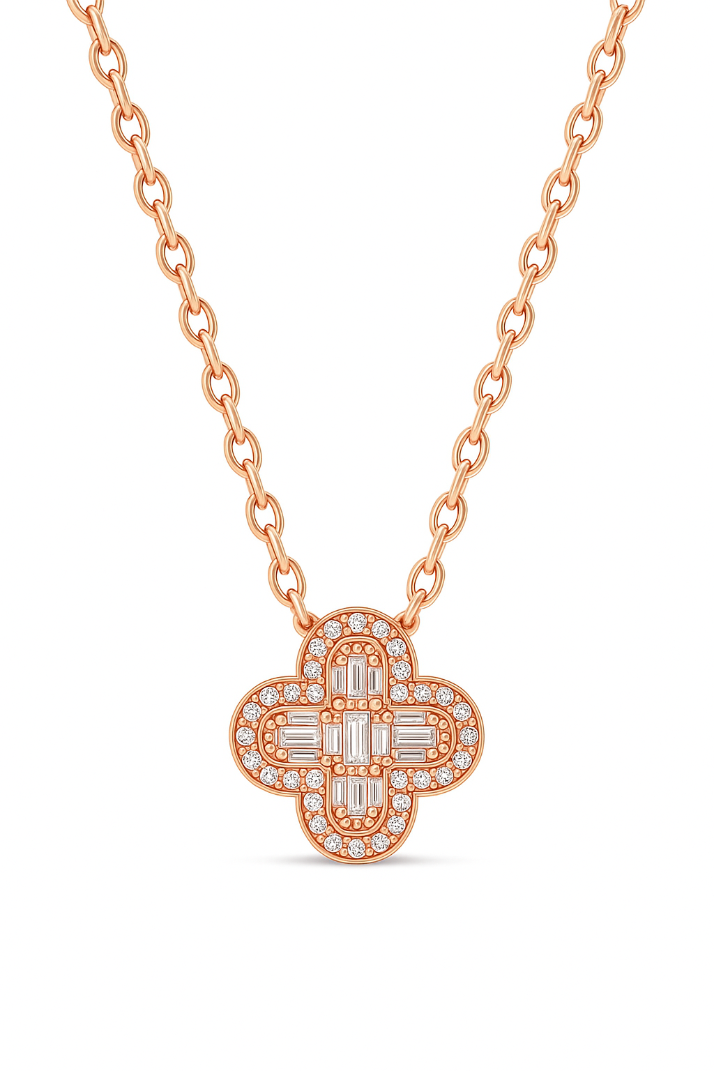 Baguette Clover Natural Diamond Necklace in 18K Gold