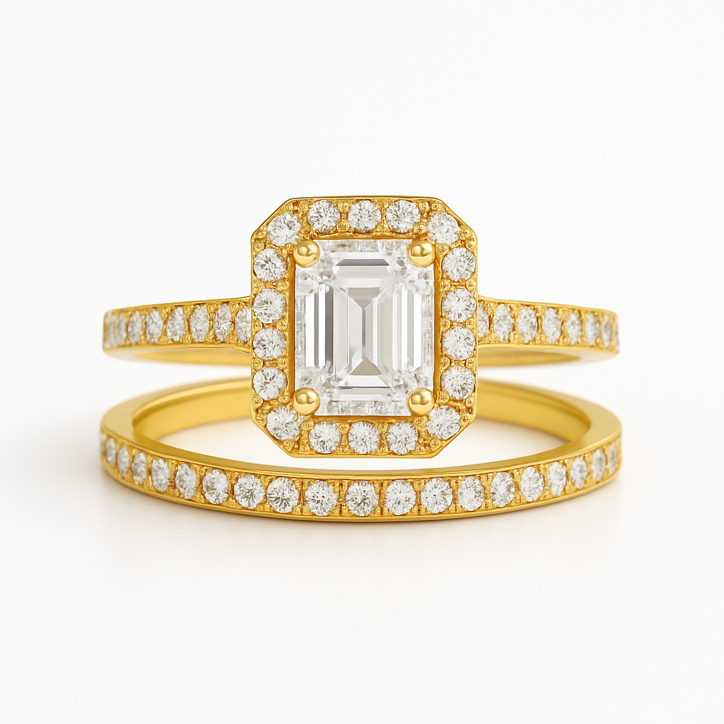 Gold ring with emerald-cut diamond and diamond-studded band on a white background