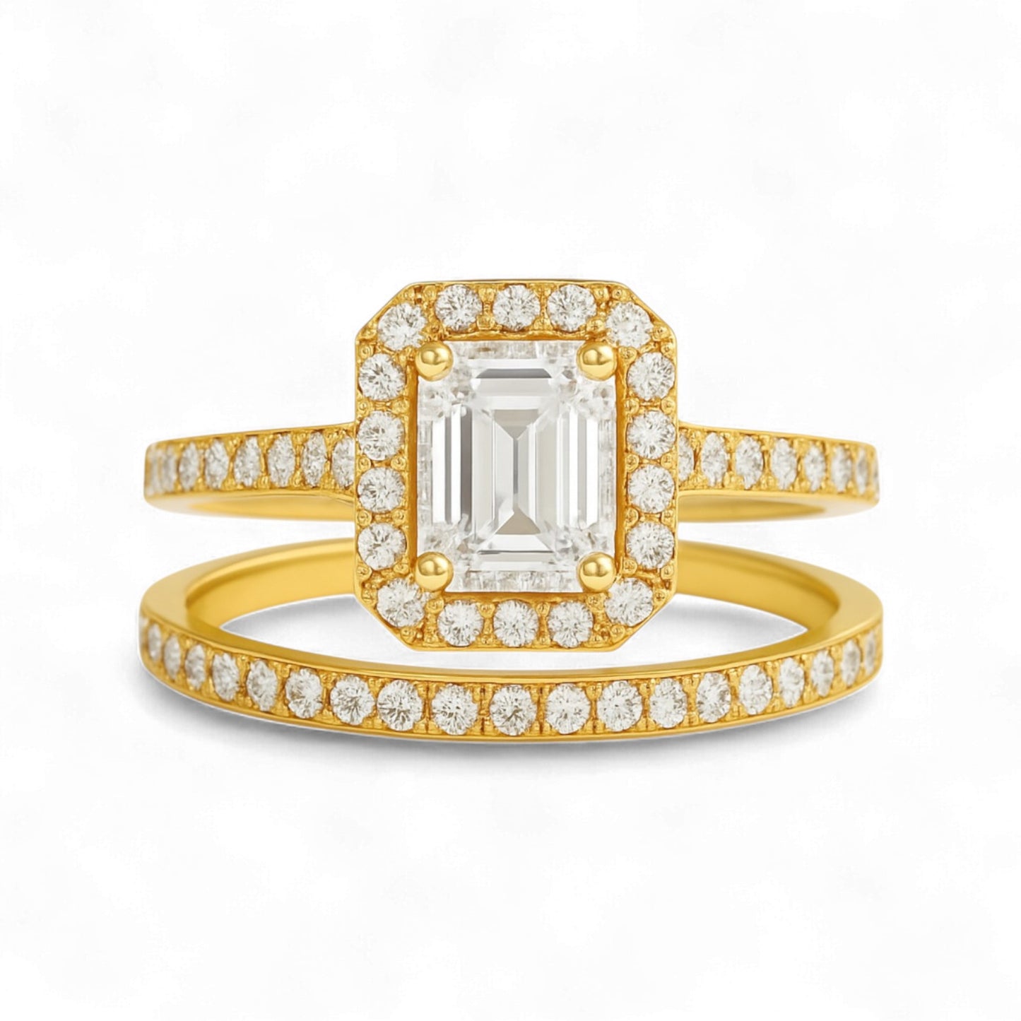 Classic Radiant Cut Moissanite and Natural Diamond Bride Set in 18K Gold