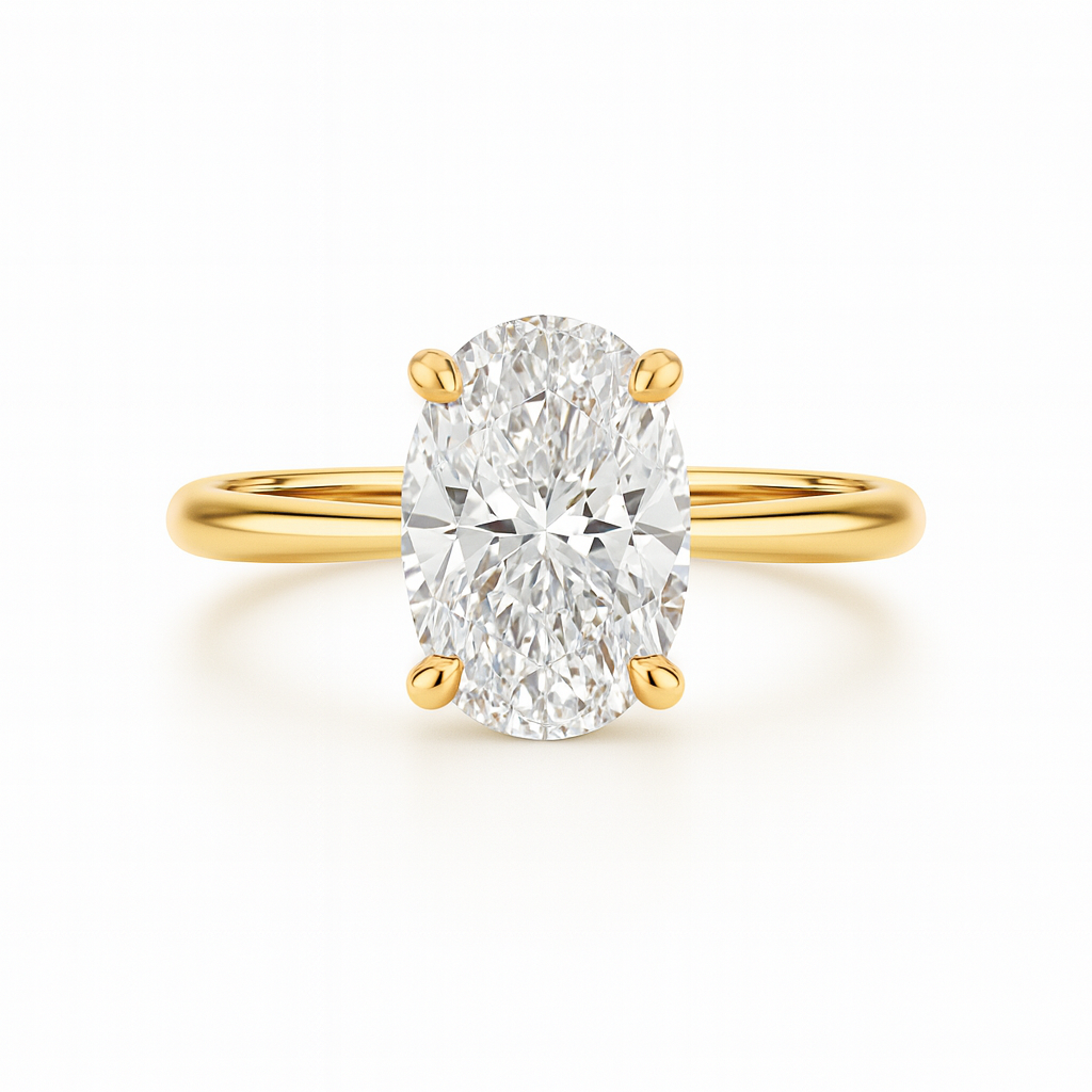 Gold ring with a large diamond on a white background