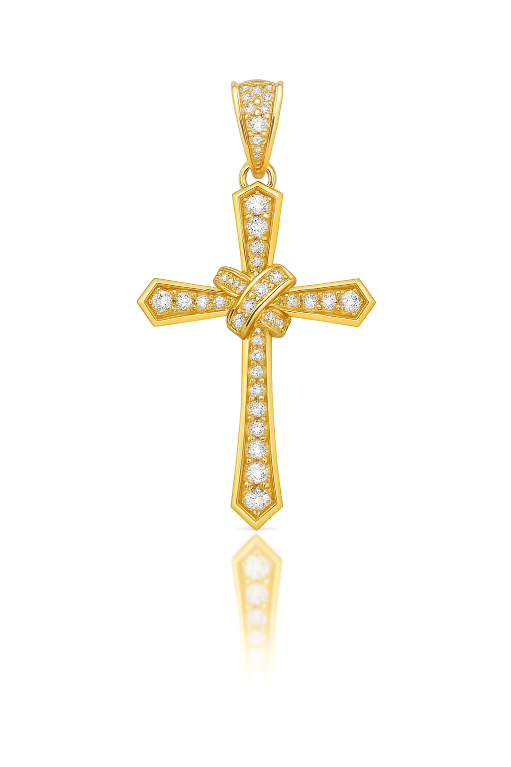 Gold cross pendant with embedded diamonds on a white background