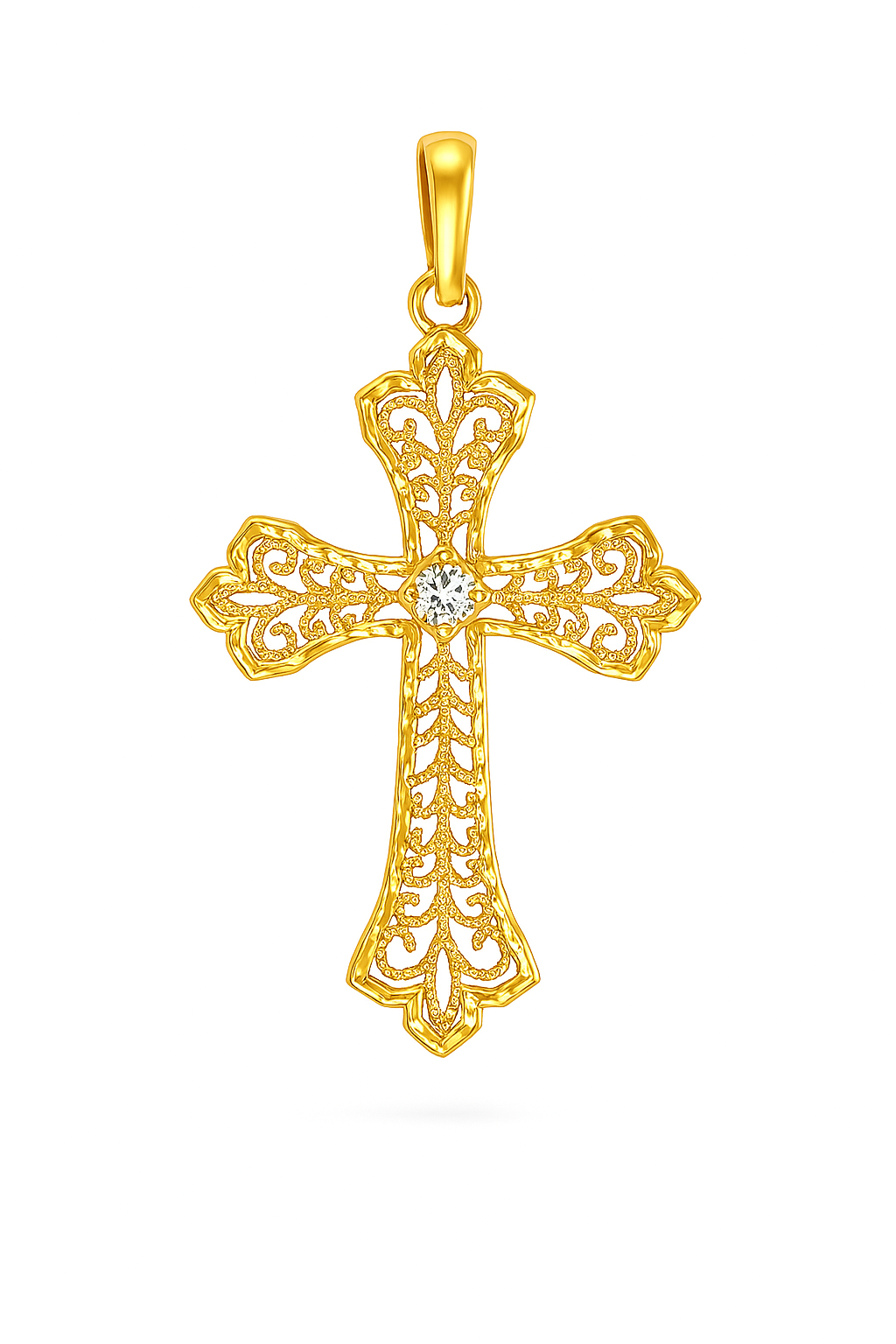 Gold cross pendant with intricate design on a white background