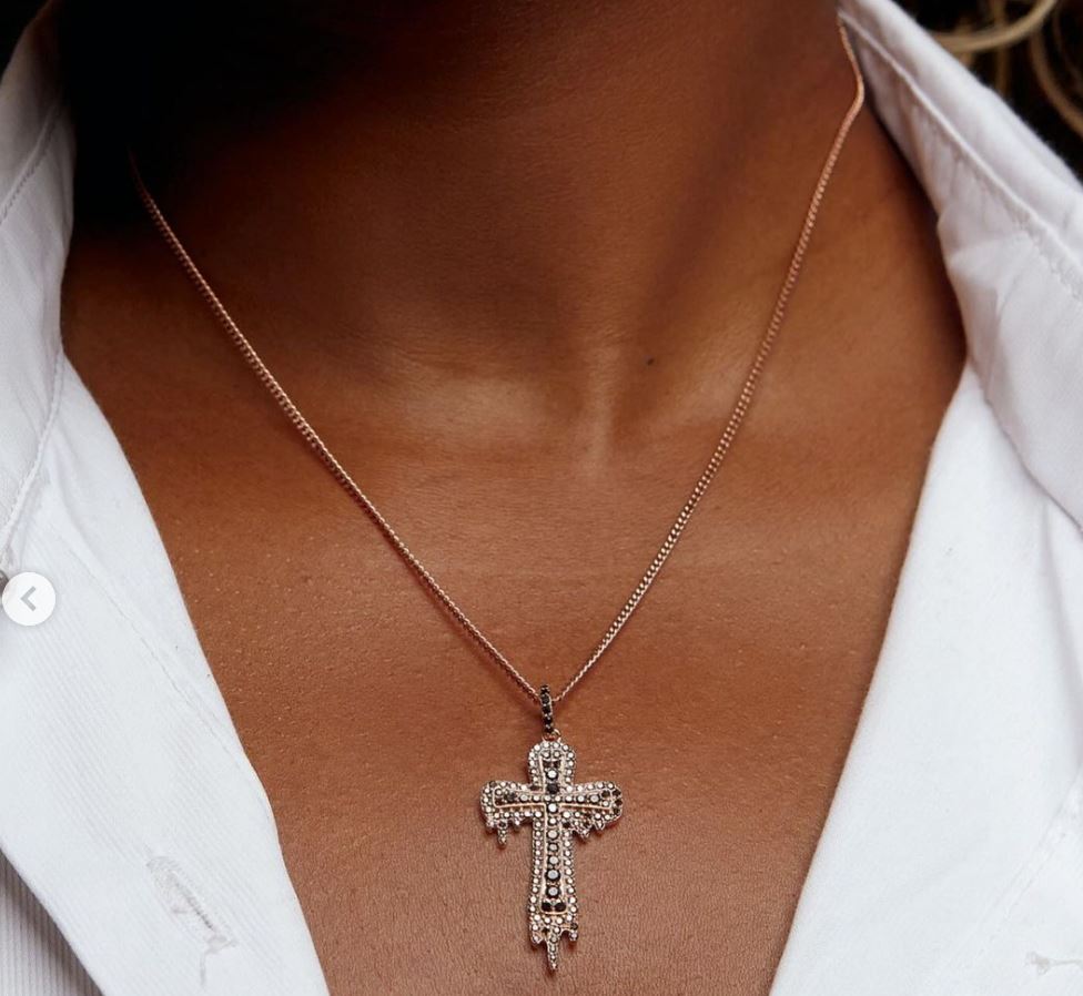 Drip Cross Black Diamond Pendant Necklace in 18K Gold