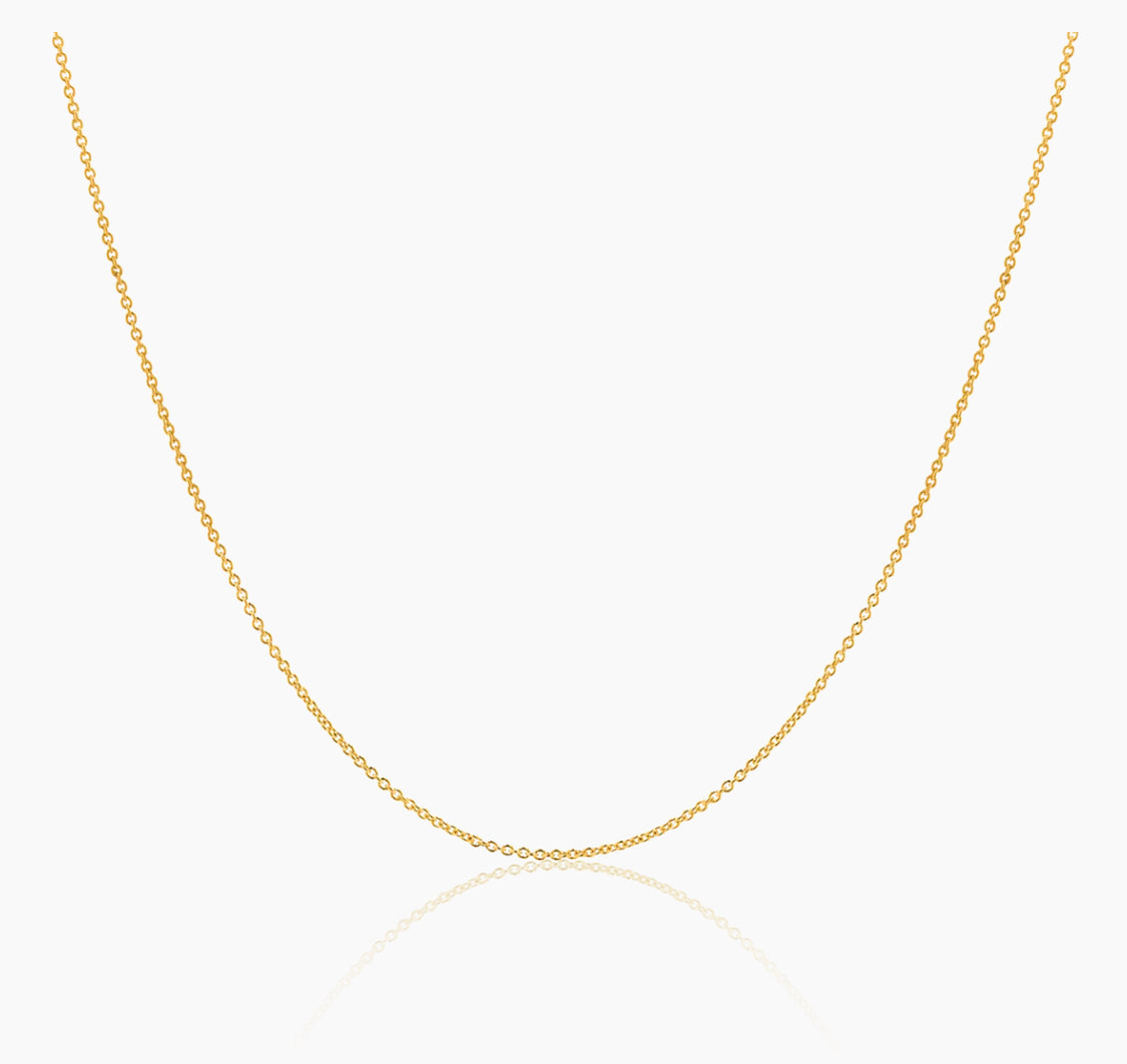 A dainty 18k gold chain necklace displayed against a white background.